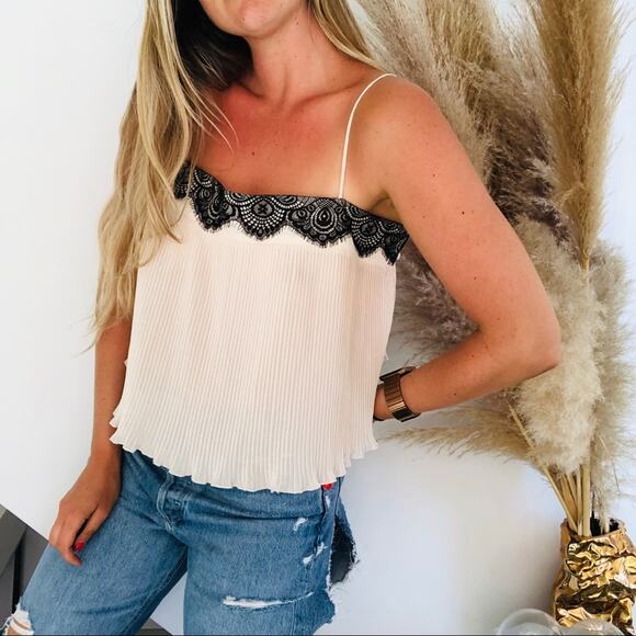 NEW FP FREE PEOPLE Cream Lace Accordion Pleated Tank Top Cami Lingerie Blouse L - Picture 1 of 7